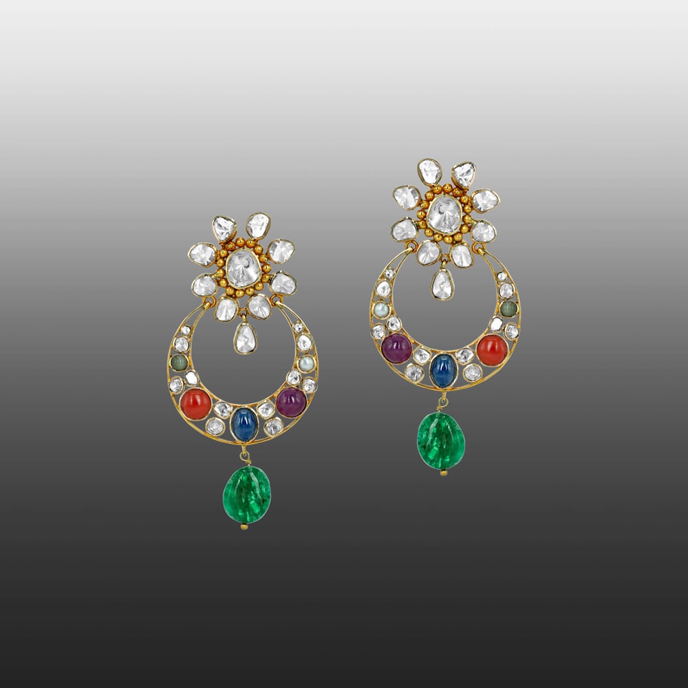 Navaratan Chandbali Earrings with Polkis and Emerald Drops